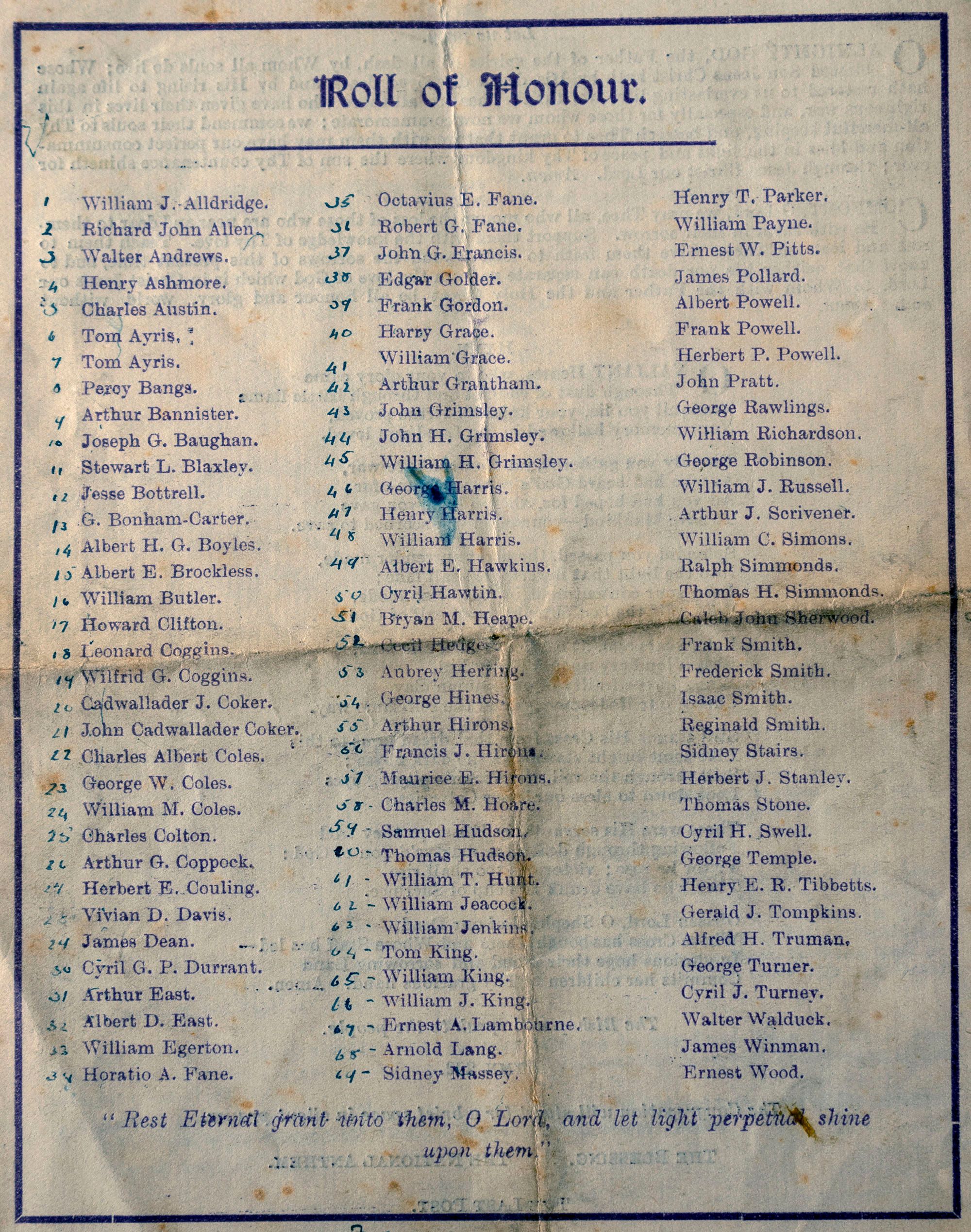 Name list printed in the Order of Service for the war memorial dedication ceremony.