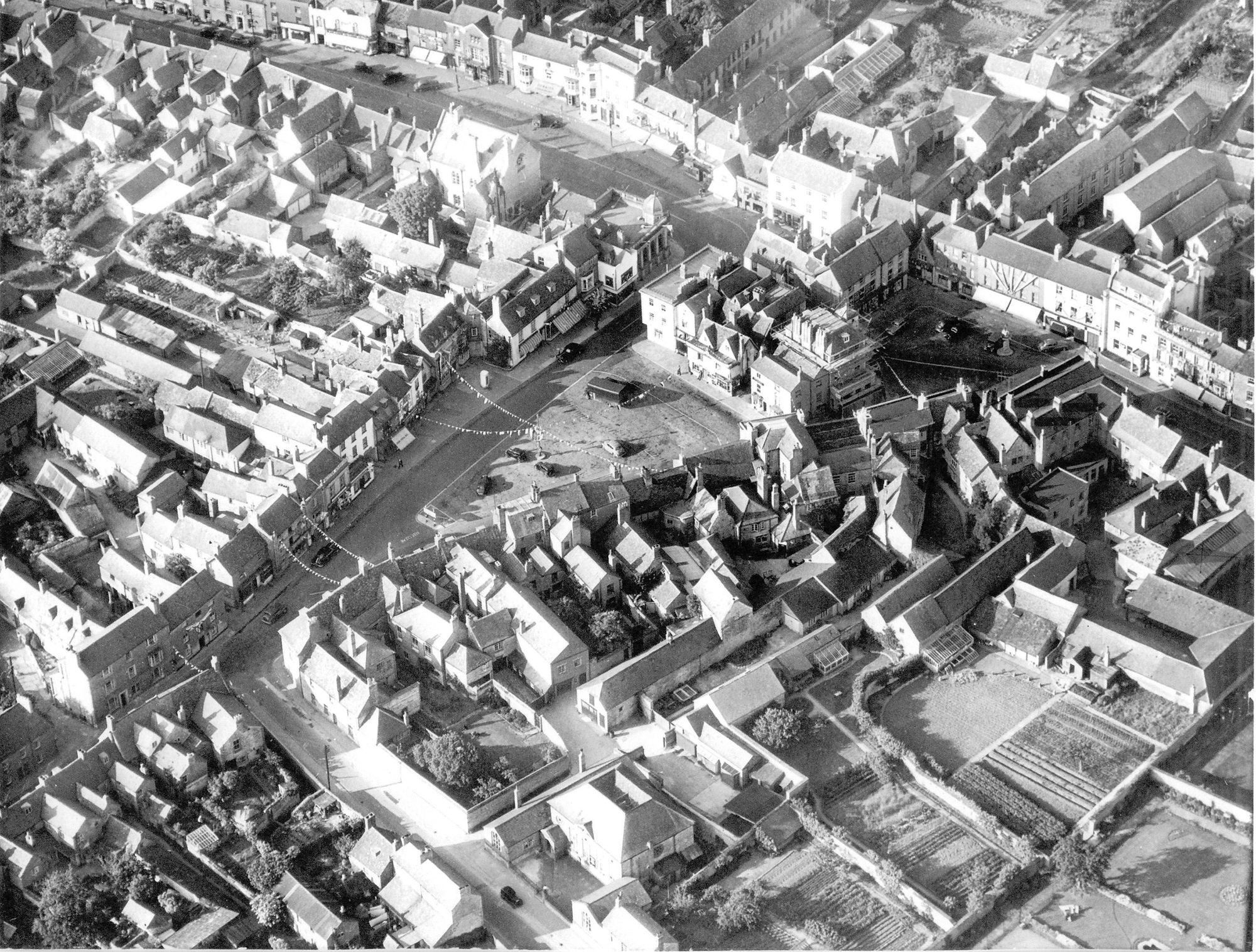 Aerial view of Market Square in 1953 showing the bunting and decorations hung ready for the Coronation celebrations.