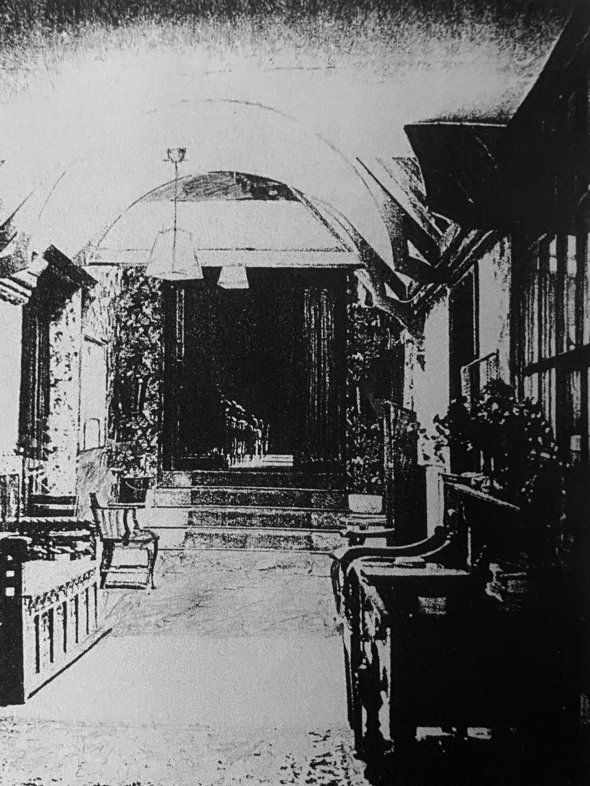 The hotel entrance hall, with the cinema entrance at the back, in around 1934. The ticket office can be seen on the left and the public entrance to the cinema was through the doors to the right, rather than through the hotel lobby.