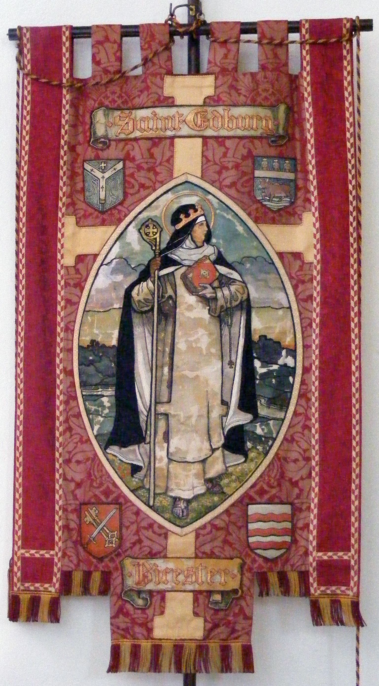 A nineteenth-century banner in St Edburg's Church depicts St Edburg of Winchester.